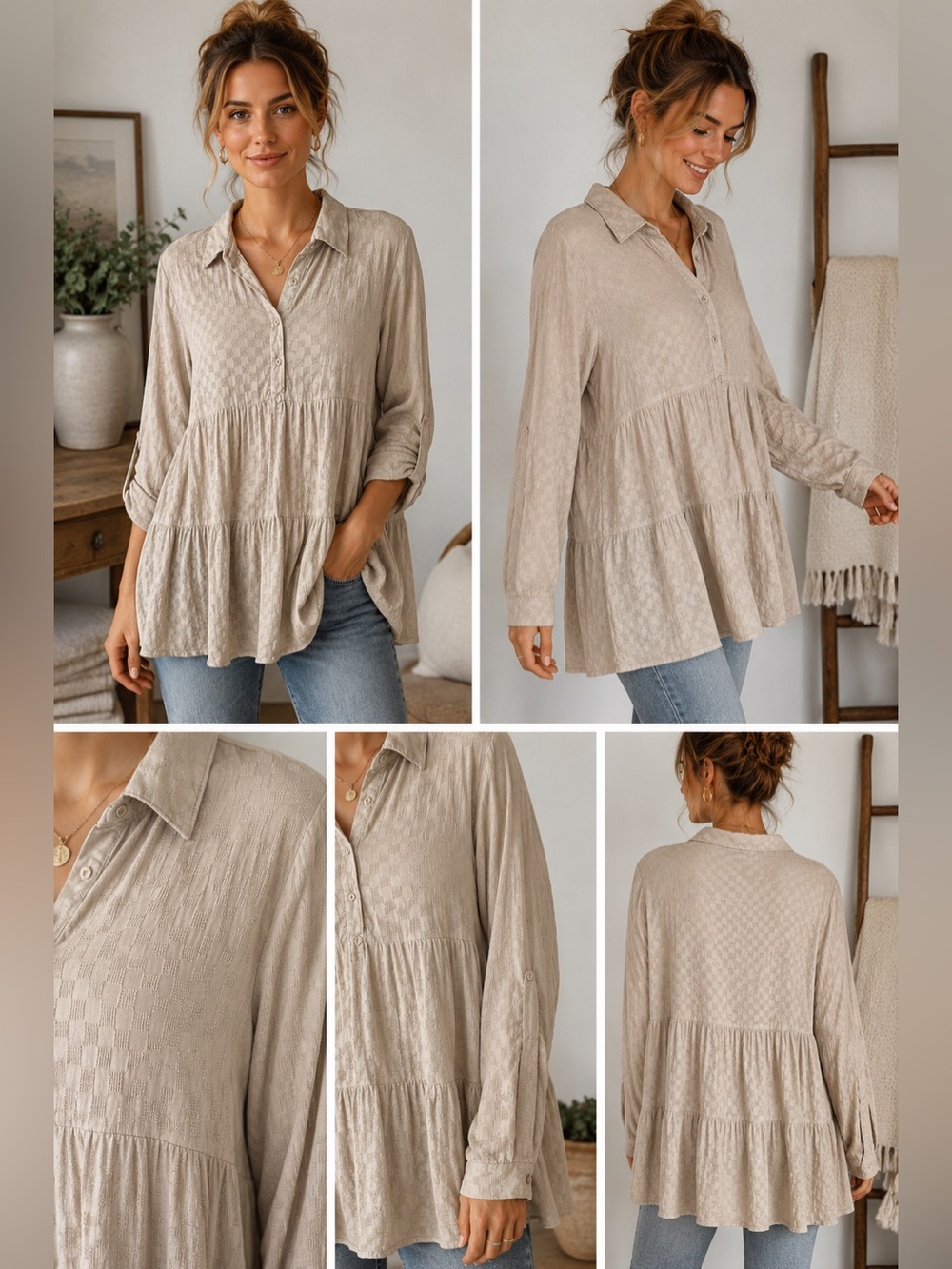 Lovestitch Bohemian Tunic Top Women's Small Checkered‎ Tiered Long Sleeve Casual